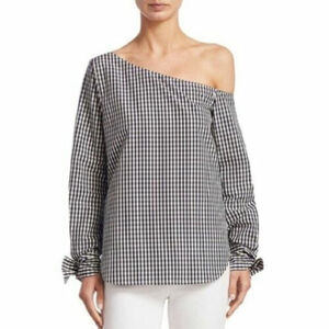 Theory Tie Cuff Gingham Shirt Size Large Navy White